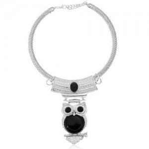 Turquoise Inlaid Night Owl Pendant Golden Fashion Women Alloy Necklet - Silver