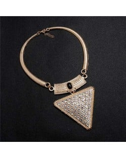 Rhinestone and Gem Embellished Triangle Pendant Snake Chain Design Women Statement Bib Necklace - Golden and White