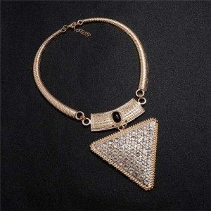 Rhinestone and Gem Embellished Triangle Pendant Snake Chain Design Women Statement Bib Necklace - Golden and White