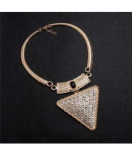 Rhinestone and Gem Embellished Triangle Pendant Snake Chain Design Women Statement Bib Necklace - Golden and White