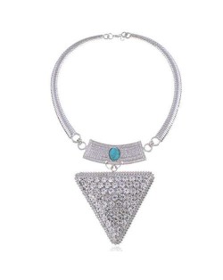 Rhinestone and Gem Embellished Triangle Pendant Snake Chain Design Women Statement Bib Necklace - Silver and White