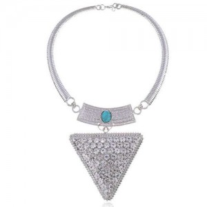 Rhinestone and Gem Embellished Triangle Pendant Snake Chain Design Women Statement Bib Necklace - Silver and White