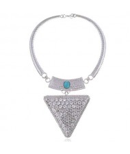 Rhinestone and Gem Embellished Triangle Pendant Snake Chain Design Women Statement Bib Necklace - Silver and White