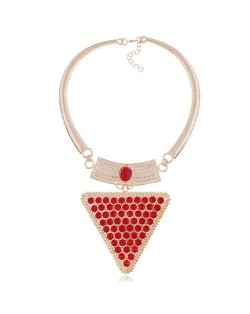 Rhinestone and Gem Embellished Triangle Pendant Snake Chain Design Women Statement Bib Necklace - Golden and Red