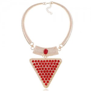 Rhinestone and Gem Embellished Triangle Pendant Snake Chain Design Women Statement Bib Necklace - Golden and Red