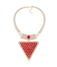 Rhinestone and Gem Embellished Triangle Pendant Snake Chain Design Women Statement Bib Necklace - Golden and Red