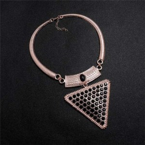 Rhinestone and Gem Embellished Triangle Pendant Snake Chain Design Women Statement Bib Necklace - Rose Gold and Black
