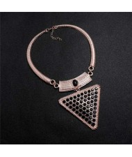Rhinestone and Gem Embellished Triangle Pendant Snake Chain Design Women Statement Bib Necklace - Rose Gold and Black