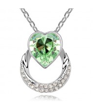 Heart on the Hoop Design Austrian Crystal Pendant Necklace - Olive