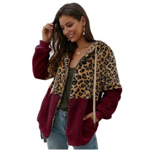Leopard Prints Mingled Contrast Style Long Sleeves Winter Fashion Women Top - Wine Red