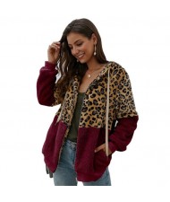 Leopard Prints Mingled Contrast Style Long Sleeves Winter Fashion Women Top - Wine Red