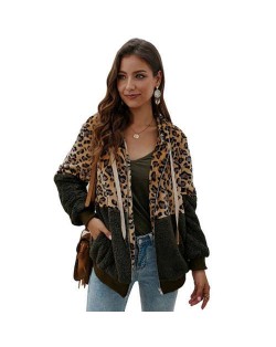 Leopard Prints Mingled Contrast Style Long Sleeves Winter Fashion Women Top - Army Green