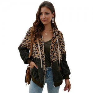 Leopard Prints Mingled Contrast Style Long Sleeves Winter Fashion Women Top - Army Green