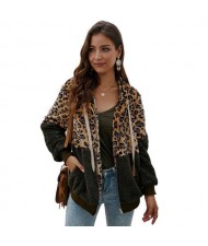 Leopard Prints Mingled Contrast Style Long Sleeves Winter Fashion Women Top - Army Green
