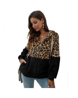 Leopard Prints Mingled Contrast Style Long Sleeves Winter Fashion Women Top - Black