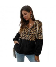 Leopard Prints Mingled Contrast Style Long Sleeves Winter Fashion Women Top - Black