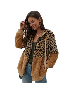 Leopard Prints Mingled Contrast Style Long Sleeves Winter Fashion Women Top - Kahki