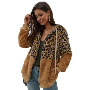 Leopard Prints Mingled Contrast Style Long Sleeves Winter Fashion Women Top - Kahki