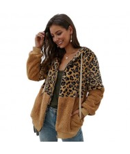 Leopard Prints Mingled Contrast Style Long Sleeves Winter Fashion Women Top - Kahki