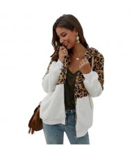 Leopard Prints Mingled Contrast Style Long Sleeves Winter Fashion Women Top - White
