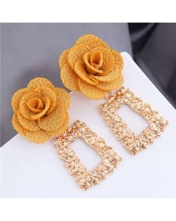 Cloth Flower Fashion Golden Trapezoid Design Hoop Women Boutique Earrings - Yellow