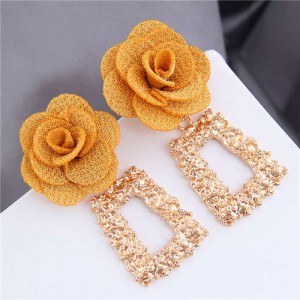 Cloth Flower Fashion Golden Trapezoid Design Hoop Women Boutique Earrings - Yellow