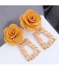 Cloth Flower Fashion Golden Trapezoid Design Hoop Women Boutique Earrings - Yellow