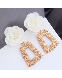 Cloth Flower Fashion Golden Trapezoid Design Hoop Women Boutique Earrings - White