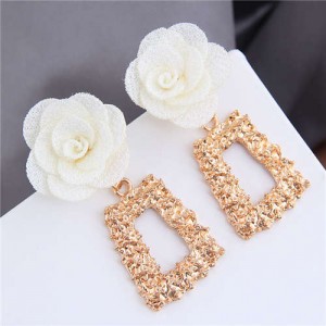 Cloth Flower Fashion Golden Trapezoid Design Hoop Women Boutique Earrings - White