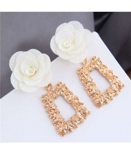 Cloth Flower Fashion Golden Trapezoid Design Hoop Women Boutique Earrings - White