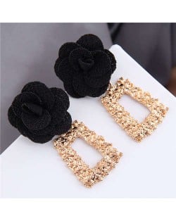 Cloth Flower Fashion Golden Trapezoid Design Hoop Women Boutique Earrings - Black