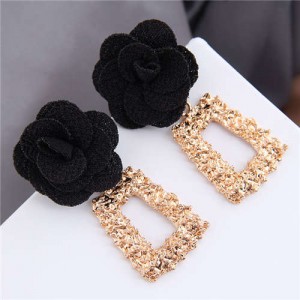 Cloth Flower Fashion Golden Trapezoid Design Hoop Women Boutique Earrings - Black