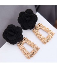 Cloth Flower Fashion Golden Trapezoid Design Hoop Women Boutique Earrings - Black