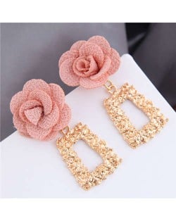 Cloth Flower Fashion Golden Trapezoid Design Hoop Women Boutique Earrings - Pink