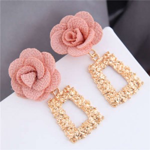 Cloth Flower Fashion Golden Trapezoid Design Hoop Women Boutique Earrings - Pink