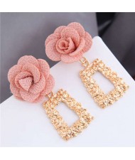 Cloth Flower Fashion Golden Trapezoid Design Hoop Women Boutique Earrings - Pink