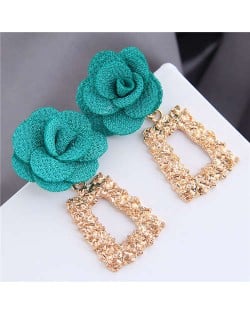 Cloth Flower Fashion Golden Trapezoid Design Hoop Women Boutique Earrings - Green