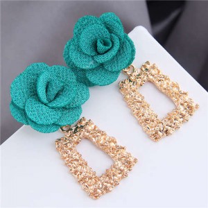 Cloth Flower Fashion Golden Trapezoid Design Hoop Women Boutique Earrings - Green
