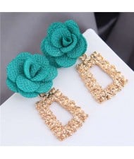 Cloth Flower Fashion Golden Trapezoid Design Hoop Women Boutique Earrings - Green