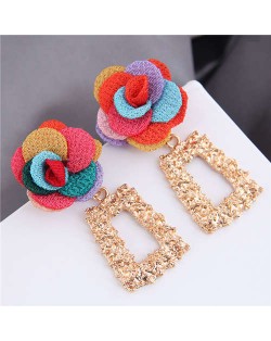 Cloth Flower Fashion Golden Trapezoid Design Hoop Women Boutique Earrings - Multicolor