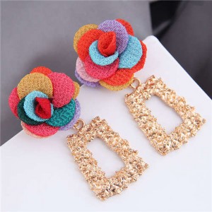 Cloth Flower Fashion Golden Trapezoid Design Hoop Women Boutique Earrings - Multicolor