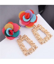 Cloth Flower Fashion Golden Trapezoid Design Hoop Women Boutique Earrings - Multicolor