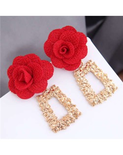 Cloth Flower Fashion Golden Trapezoid Design Hoop Women Boutique Earrings - Red