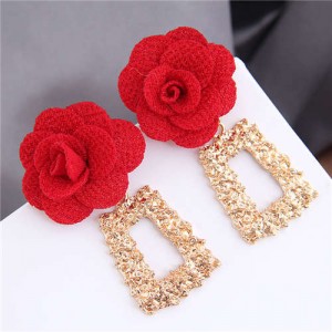 Cloth Flower Fashion Golden Trapezoid Design Hoop Women Boutique Earrings - Red