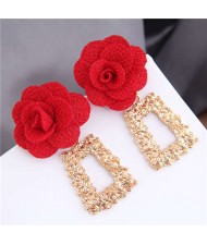 Cloth Flower Fashion Golden Trapezoid Design Hoop Women Boutique Earrings - Red