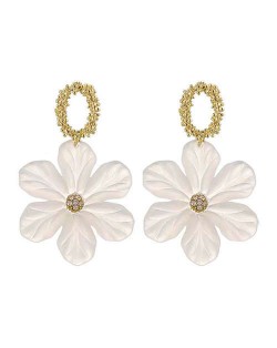 Korean Fashion Adorable White Flower Pendant Golden Hoop Women Alloy Earrings