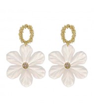 Korean Fashion Adorable White Flower Pendant Golden Hoop Women Alloy Earrings