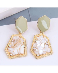 Stones Embellished Irregular Shape Pendant Design High Fashion Women Alloy Earrings - White