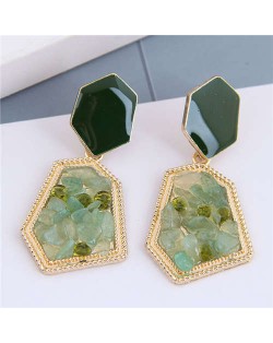 Stones Embellished Irregular Shape Pendant Design High Fashion Women Alloy Earrings - Green