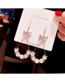 Delicate Bowknot Decorated Pearl Waterdrop Hoop Graceful Fashion Alloy Women Earrings